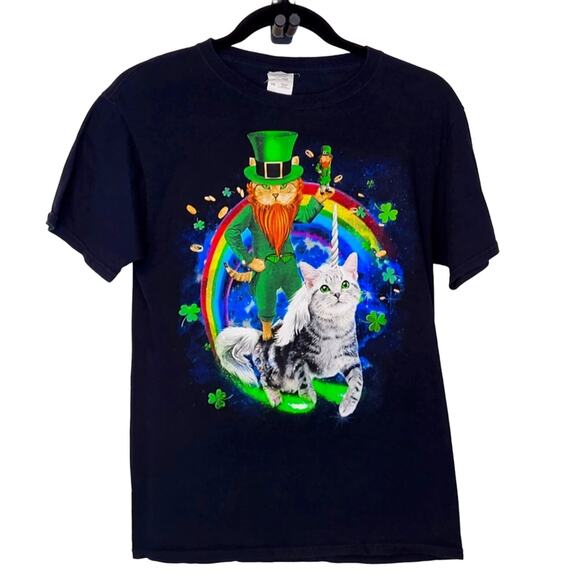 Cat Leprechaun Riding a Cat Unicorn with Rainbow Gold and Shamrocks size Small - Picture 2 of 8